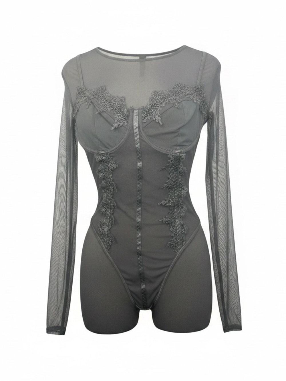 SHEIN Black Lace Mesh Long Sleeve Bodysuit Women’s Size L